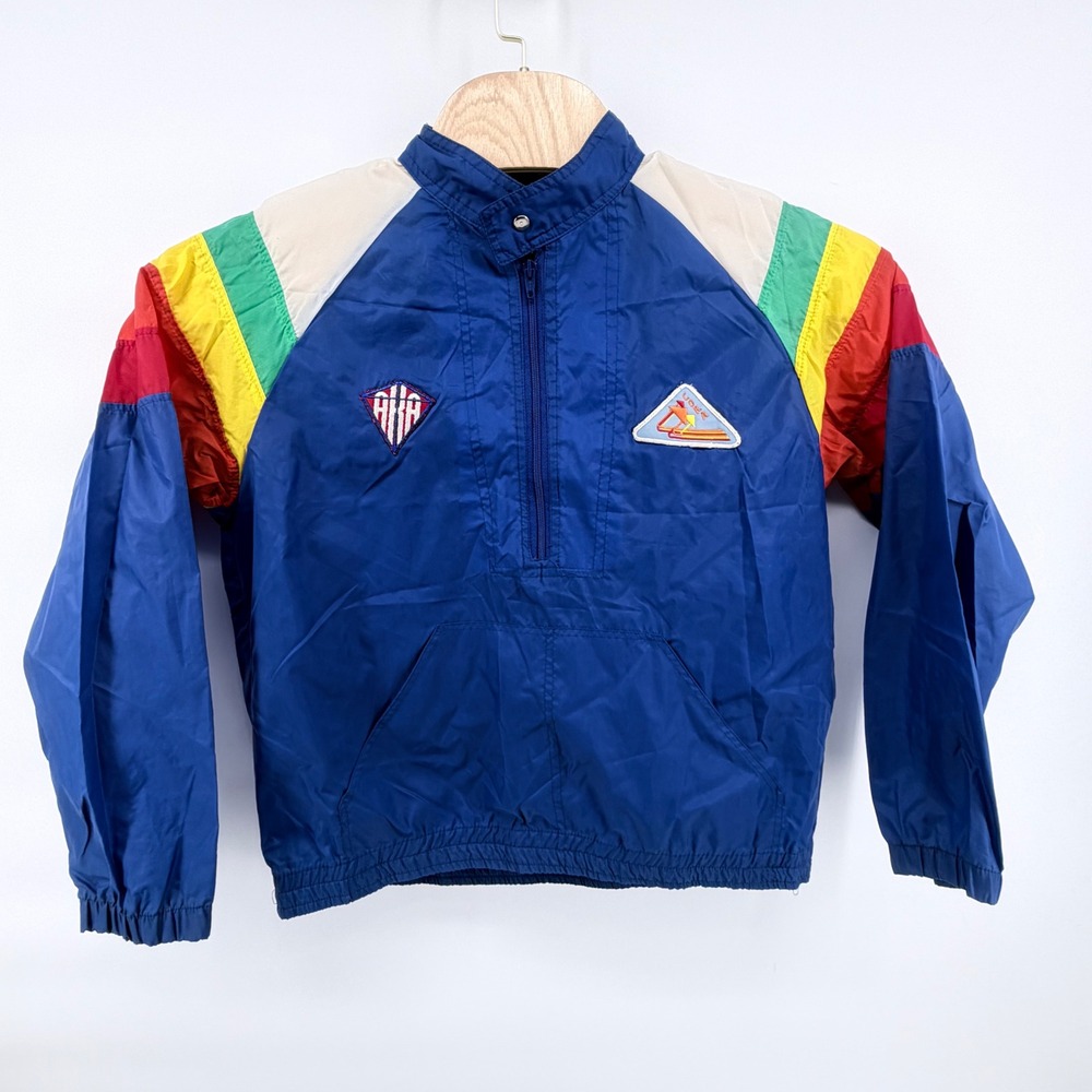 Vtg 80s Windriver Nylon Rainbow Colorblock Anorak Jacket Kitefliers Assc Patches